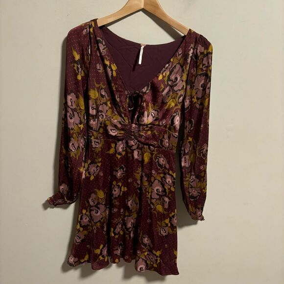 Free People Morning Light Long Sleeve Purple Maroon Floral Dress- Size 4 - Picture 4 of 12